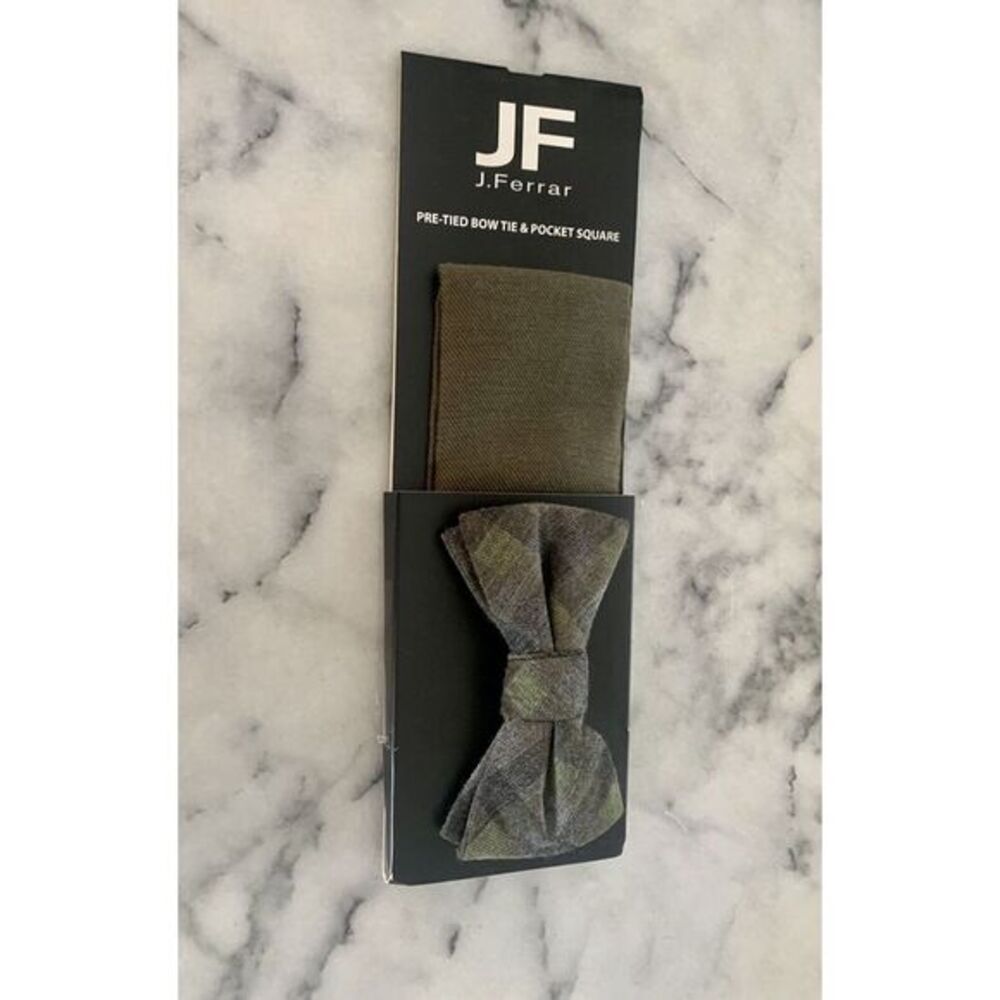 JF J Ferrar Pretied Bow Tie Pocket Square Check Olive‎ Green Adjustable MSRP $40